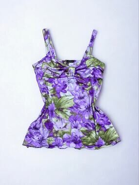 Y2K Purple Green Floral Satin Babydoll Empire Waist Slip Cami Top Size S/M
